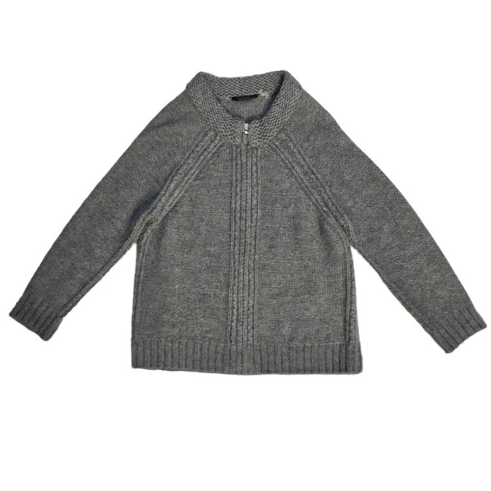 ELIE TAHARI Grey Chunky Knit Raglan Sleeve Alpaca Wool Zip Front Crop Cardig…